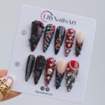 Gothic Vampire Press On Nails With Chains, Roses & Red Gems | Long Almond Fake Nails | Spooky Handmade Nail Art for Halloween Or Cosplay - Image 3