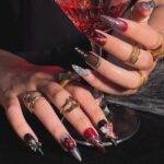 Press On Nails Skull Art with Angel Charm | 3D Fake Nails in Long Almond | Handmade Gothic Silver & Black for Holiday, Vacation, Birthday - Image 3