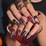 Press On Nails Skull Art with Angel Charm | 3D Fake Nails in Long Almond | Handmade Gothic Silver & Black for Holiday, Vacation, Birthday - Image 2