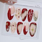 Christmas Press On Nails with Red & Gold Design | Fake Nails in Medium Almond | Handmade Nail Art For Holiday, Birthday Or Gift For Her