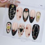 Black and Gold Gothic Press On Nails with Red Heart Gems | Medium Almond Fake Nails | Handmade Luxury Nail Art for Christmas or Party - Image 5