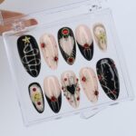 Black and Gold Gothic Press On Nails with Red Heart Gems | Medium Almond Fake Nails | Handmade Luxury Nail Art for Christmas or Party - Image 2