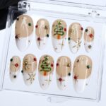 Christmas Press On Nails with White French Tips & Christmas Tree Design | Nude Medium Almond Fake Nails | Handmade Holiday Nail Art