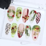 Christmas Press On Nails with 3D Wreath, Reindeer, Gift & Candy Cane | Medium Almond Fake Nails | Handmade Holiday Nail Art Set or Gifts - Image 5
