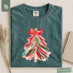 Comfort Colors® Christmas Tree Shirt, Christmas Girls Women Red Bow Shirt, Christmas Tree Tee Shirt, Coquette Christmas Tree Bow Xmas Gift