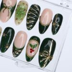 Christmas Press On Nails in Green | Bow, Holly & Ornament Design | Medium Almond Fake Nails | Handmade Holiday Nail Art Or Gift For Her - Image 4