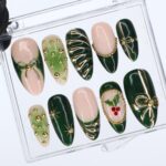 Christmas Press On Nails in Green | Bow, Holly & Ornament Design | Medium Almond Fake Nails | Handmade Holiday Nail Art Or Gift For Her - Image 3