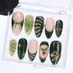 Christmas Press On Nails in Green | Bow, Holly & Ornament Design | Medium Almond Fake Nails | Handmade Holiday Nail Art Or Gift For Her