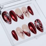 Red Chrome And Snowflake Press Ons | Medium Almond | Handmade Holiday Nail Art - Image 2