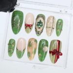Green Christmas Press Ons | Holiday Tree & Bow Design | Medium Almond | Handmade Festive Nail Art