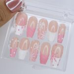 Winter Press On Nails with White Snowflake & Pink Sweater Design | Medium Coffin Fake Nails | Handmade Nail Art for Christmas, Gift for Her