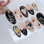 Black and Gold Gothic Press On Nails with Red Heart Gems | Medium Almond Fake Nails | Handmade Luxury Nail Art for Christmas or Party - Image 4