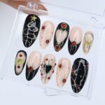 Black and Gold Gothic Press On Nails with Red Heart Gems | Medium Almond Fake Nails | Handmade Luxury Nail Art for Christmas or Party - Image 3