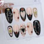 Black and Gold Gothic Press On Nails with Red Heart Gems | Medium Almond Fake Nails | Handmade Luxury Nail Art for Christmas or Party - Image 6