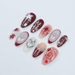 Freestyle Red Chrome Press On Nails, Air Brush Pink Fake Nails, Elegant Chrome Nails, Birthday Party Holiday Nails/ Valentine Nail Set - Image 3