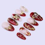Christmas Press On Nails with Gold & Red Poinsettia | Medium Almond | Holiday Nail Art - Image 3