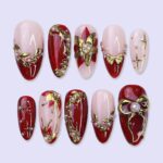 Christmas Press On Nails with Gold & Red Poinsettia | Medium Almond | Holiday Nail Art