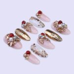 Luxury Gold Floral Christmas Press On Nails | Medium Almond | Handmade Holiday Nail Art - Image 4