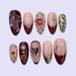 Red Heart & Gold Christmas Press On Nails | Medium Almond | Holiday Nail Art