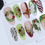 Christmas Press On Nails with 3D Wreath, Reindeer, Gift & Candy Cane | Medium Almond Fake Nails | Handmade Holiday Nail Art Set or Gifts - Image 4