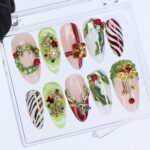 Christmas Press On Nails with 3D Wreath, Reindeer, Gift & Candy Cane | Medium Almond Fake Nails | Handmade Holiday Nail Art Set or Gifts - Image 2