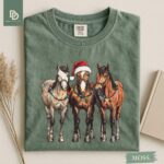 Comfort Colors® Western Horses Santa Christmas Shirt, Horse Christmas Lights Shirt, Xmas Western Horses Tee Christmas Rodeo Tee Cowgirl Xmas