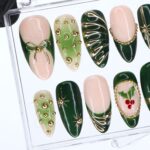 Christmas Press On Nails in Green | Bow, Holly & Ornament Design | Medium Almond Fake Nails | Handmade Holiday Nail Art Or Gift For Her - Image 2