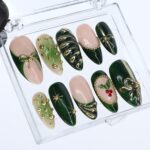 Christmas Press On Nails in Green | Bow, Holly & Ornament Design | Medium Almond Fake Nails | Handmade Holiday Nail Art Or Gift For Her - Image 5