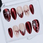 Red Chrome And Snowflake Press Ons | Medium Almond | Handmade Holiday Nail Art - Image 4
