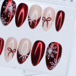 Red Chrome And Snowflake Press Ons | Medium Almond | Handmade Holiday Nail Art - Image 3