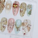Christmas Press On Nails with 3D Bow, Gift & Snowflake Design | Medium Almond Fake Nails | Handmade Holiday Nail Set Gift for Her - Image 3