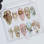 Christmas Press On Nails with 3D Bow, Gift & Snowflake Design | Medium Almond Fake Nails | Handmade Holiday Nail Set Gift for Her - Image 2