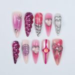 Freestyle 3D Pink & Purple Chrome Long Almond Press On Nails, Cute Valentine Fake Nails, Holiday Birthday Event Nails Art
