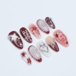 Freestyle Red Chrome Press On Nails, Air Brush Pink Fake Nails, Elegant Chrome Nails, Birthday Party Holiday Nails/ Valentine Nail Set - Image 4