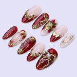 Christmas Press On Nails with Gold & Red Poinsettia | Medium Almond | Holiday Nail Art - Image 2