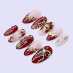 Christmas Press On Nails with Gold & Red Poinsettia | Medium Almond | Holiday Nail Art - Image 4