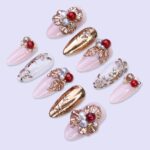 Luxury Gold Floral Christmas Press On Nails | Medium Almond | Handmade Holiday Nail Art - Image 5