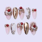 Luxury Gold Floral Christmas Press On Nails | Medium Almond | Handmade Holiday Nail Art