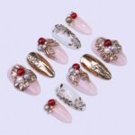 Luxury Gold Floral Christmas Press On Nails | Medium Almond | Handmade Holiday Nail Art - Image 2