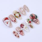 Festive Medium Almond Press-On Nails: Santa Claus, Wreath, Snowflakes & Candy Designs – Perfect for Christmas Day Gifts - Image 2