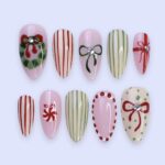 Christmas Press-On Nails with Wreath, Candy Stripes & Bow Designs | Medium Almond Fake Nails | Handmade Nail Art for Everyday Wear or Gift