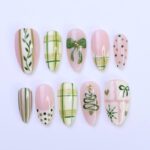 Christmas Press-On Nails with Green Plaid, Bow, Tree Designs | Medium Almond Fake Nail | Handmade Holiday Nail Art for Everyday Wear or Gift