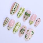 Christmas Press-On Nails with Green Plaid, Bow, Tree Designs | Medium Almond Fake Nail | Handmade Holiday Nail Art for Everyday Wear or Gift - Image 4
