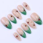 Green French Tip Press-On Nails with Red Gem Starburst | Medium Almond Fake Nails | Handmade Holiday Nail Art for Everyday Wear or Gift - Image 4