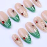 Green French Tip Press-On Nails with Red Gem Starburst | Medium Almond Fake Nails | Handmade Holiday Nail Art for Everyday Wear or Gift - Image 2