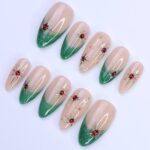 Green French Tip Press-On Nails with Red Gem Starburst | Medium Almond Fake Nails | Handmade Holiday Nail Art for Everyday Wear or Gift - Image 5