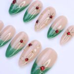 Green French Tip Press-On Nails with Red Gem Starburst | Medium Almond Fake Nails | Handmade Holiday Nail Art for Everyday Wear or Gift - Image 3