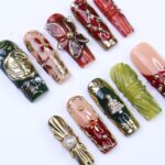 Christmas Press-On Nails with 3D Flowers, Christmas Tree & Celestial | Long Square Fake Nails | Handmade Luxury Holiday Nail Art - Image 2