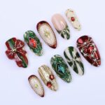 Christmas Press-On Nails with Red Bow, Emerald Gem & Gold Star Designs | Medium Almond Fake Nails | Handmade Luxury Holiday Nail Art - Image 3