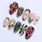 Christmas Press-On Nails with Red Bow, Emerald Gem & Gold Star Designs | Medium Almond Fake Nails | Handmade Luxury Holiday Nail Art - Image 4